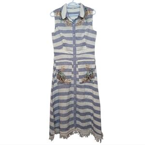 Blue Striped Floral Embroidered Midi Dress w Pockets Size 10 SUNO